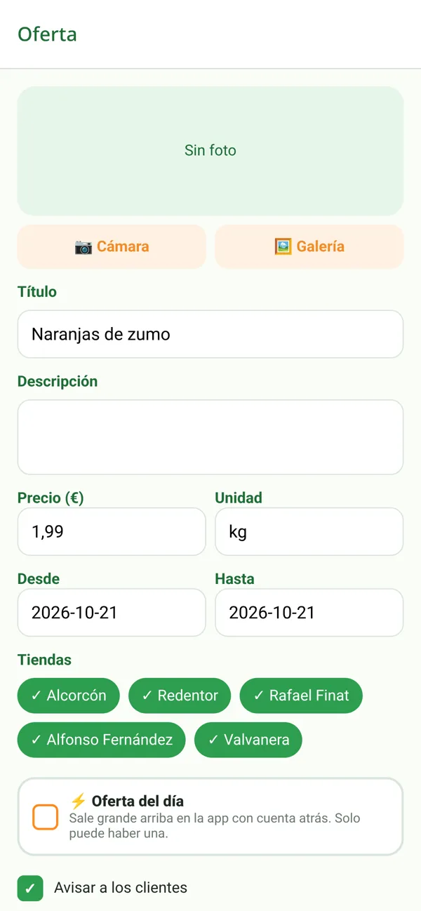 App La Favorita: formulario del dueño para subir una oferta