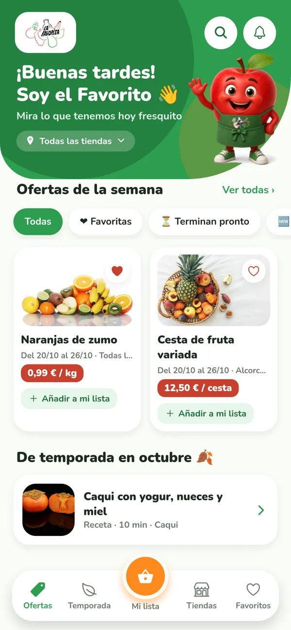 App La Favorita: inicio con El Favorito, ofertas de la semana y receta de temporada